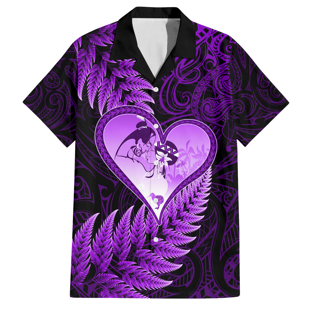New Zealand Valentine Day Family Matching Summer Maxi Dress and Hawaiian Shirt Aotearoa Warrior Love Story Silver Fern Koru Purple Style LT03 Dad's Shirt - Short Sleeve Purple - Polynesian Pride