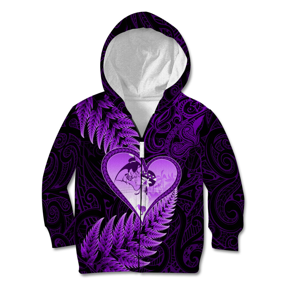 New Zealand Valentine Day Kid Hoodie Aotearoa Warrior Love Story Silver Fern Koru Purple Style LT03 Zip Hoodie Purple - Polynesian Pride