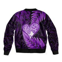 New Zealand Valentine Day Sleeve Zip Bomber Jacket Aotearoa Warrior Love Story Silver Fern Koru Purple Style LT03 - Polynesian Pride