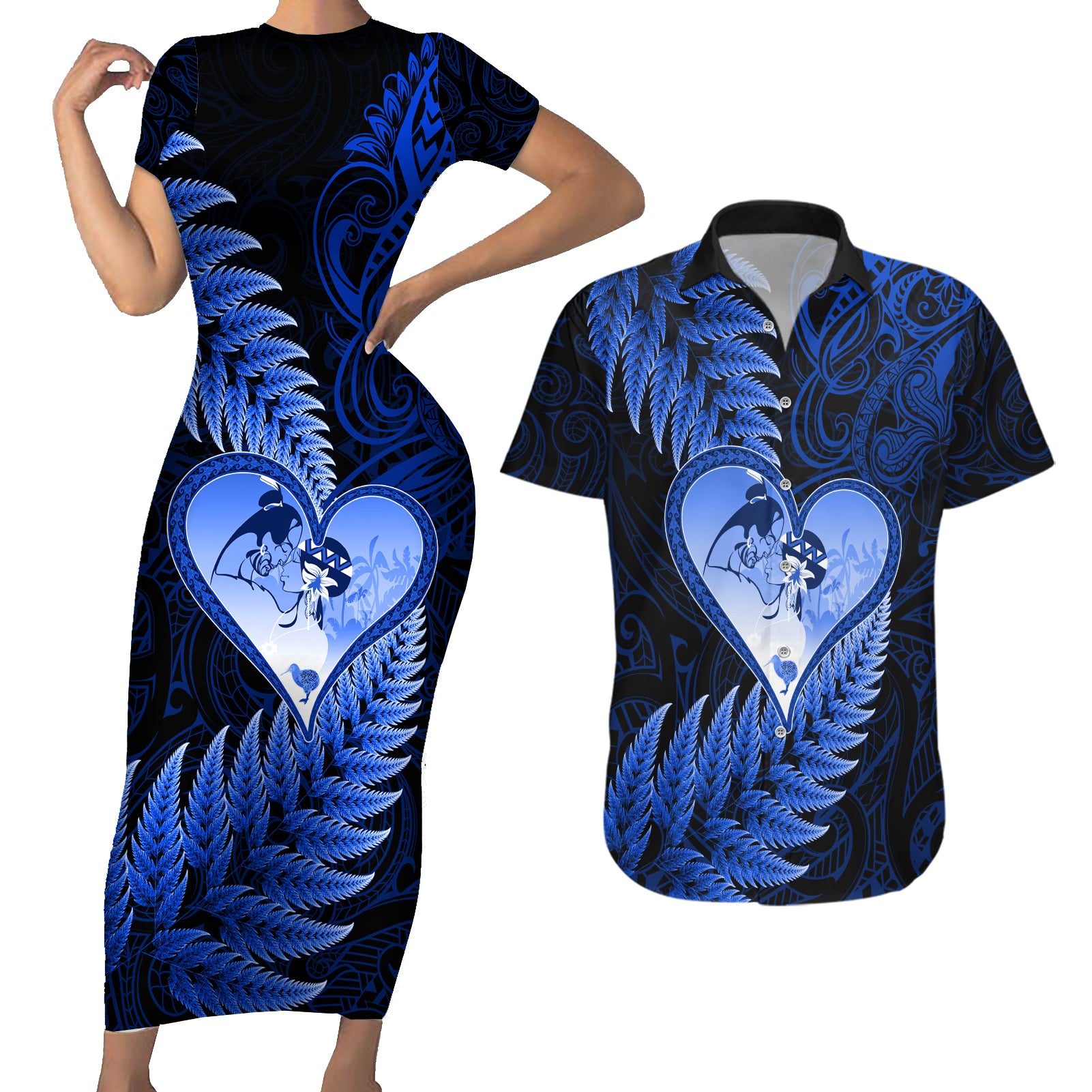 New Zealand Valentine Day Couples Matching Short Sleeve Bodycon Dress and Hawaiian Shirt Aotearoa Warrior Love Story Silver Fern Koru Blue Style LT03 Blue - Polynesian Pride