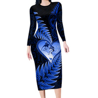 New Zealand Valentine Day Family Matching Long Sleeve Bodycon Dress and Hawaiian Shirt Aotearoa Warrior Love Story Silver Fern Koru Blue Style LT03 Mom's Dress Blue - Polynesian Pride