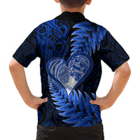 New Zealand Valentine Day Family Matching Off Shoulder Long Sleeve Dress and Hawaiian Shirt Aotearoa Warrior Love Story Silver Fern Koru Blue Style LT03 - Polynesian Pride