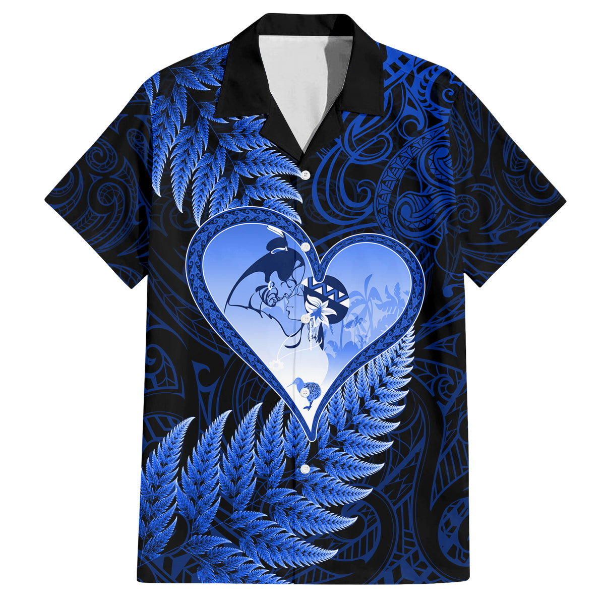 New Zealand Valentine Day Family Matching Summer Maxi Dress and Hawaiian Shirt Aotearoa Warrior Love Story Silver Fern Koru Blue Style LT03 Dad's Shirt - Short Sleeve Blue - Polynesian Pride
