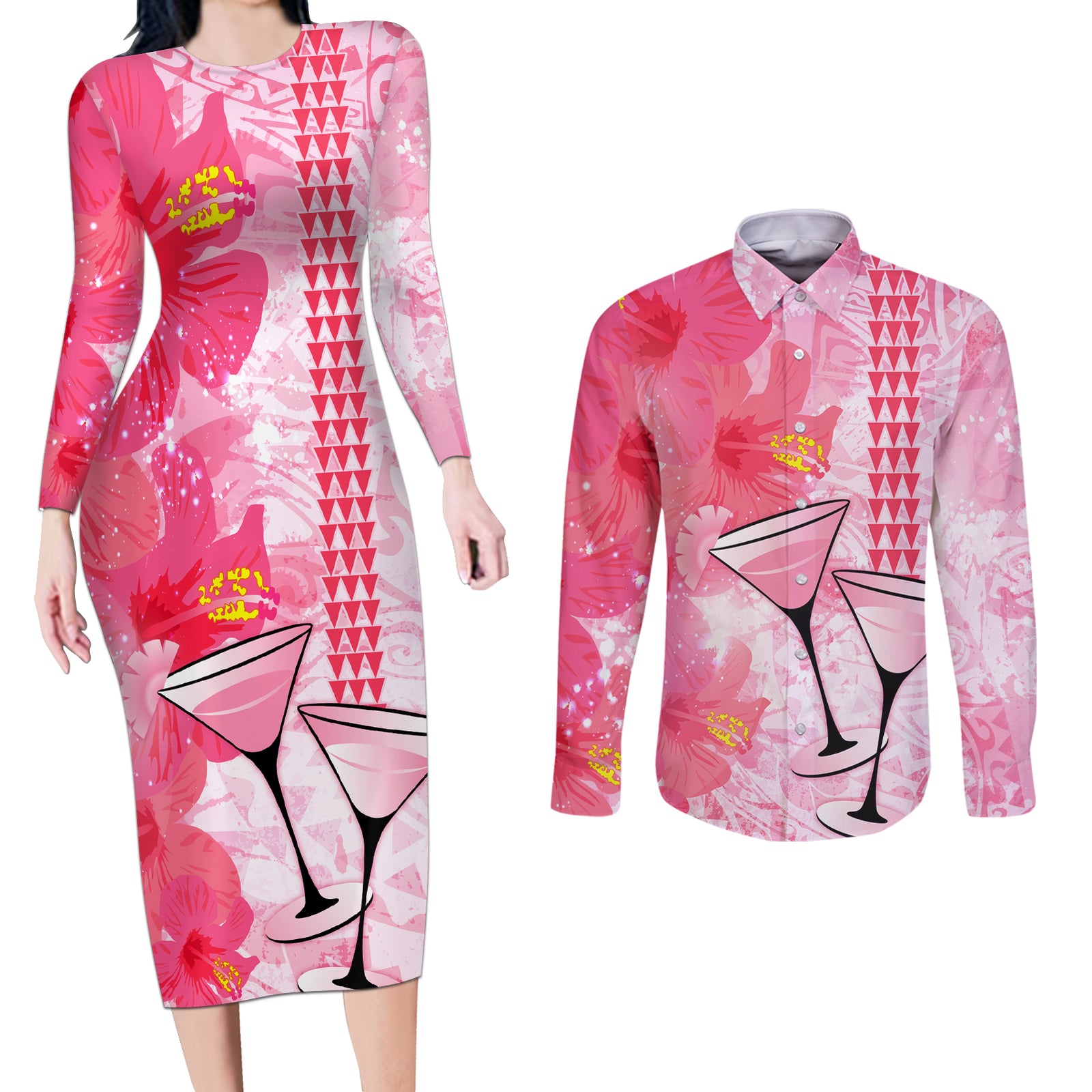 Hawaiian Cocktail Valentine Day Couples Matching Long Sleeve Bodycon Dress and Long Sleeve Button Shirt Hibiscus Kakau Pattern Pink Version LT03 Pink - Polynesian Pride
