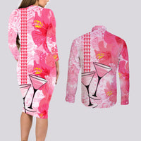 Hawaiian Cocktail Valentine Day Couples Matching Long Sleeve Bodycon Dress and Long Sleeve Button Shirt Hibiscus Kakau Pattern Pink Version LT03 - Polynesian Pride