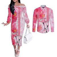Hawaiian Cocktail Valentine Day Couples Matching Off The Shoulder Long Sleeve Dress and Long Sleeve Button Shirt Hibiscus Kakau Pattern Pink Version LT03 Pink - Polynesian Pride