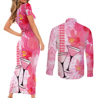 Hawaiian Cocktail Valentine Day Couples Matching Short Sleeve Bodycon Dress and Long Sleeve Button Shirt Hibiscus Kakau Pattern Pink Version LT03 - Polynesian Pride