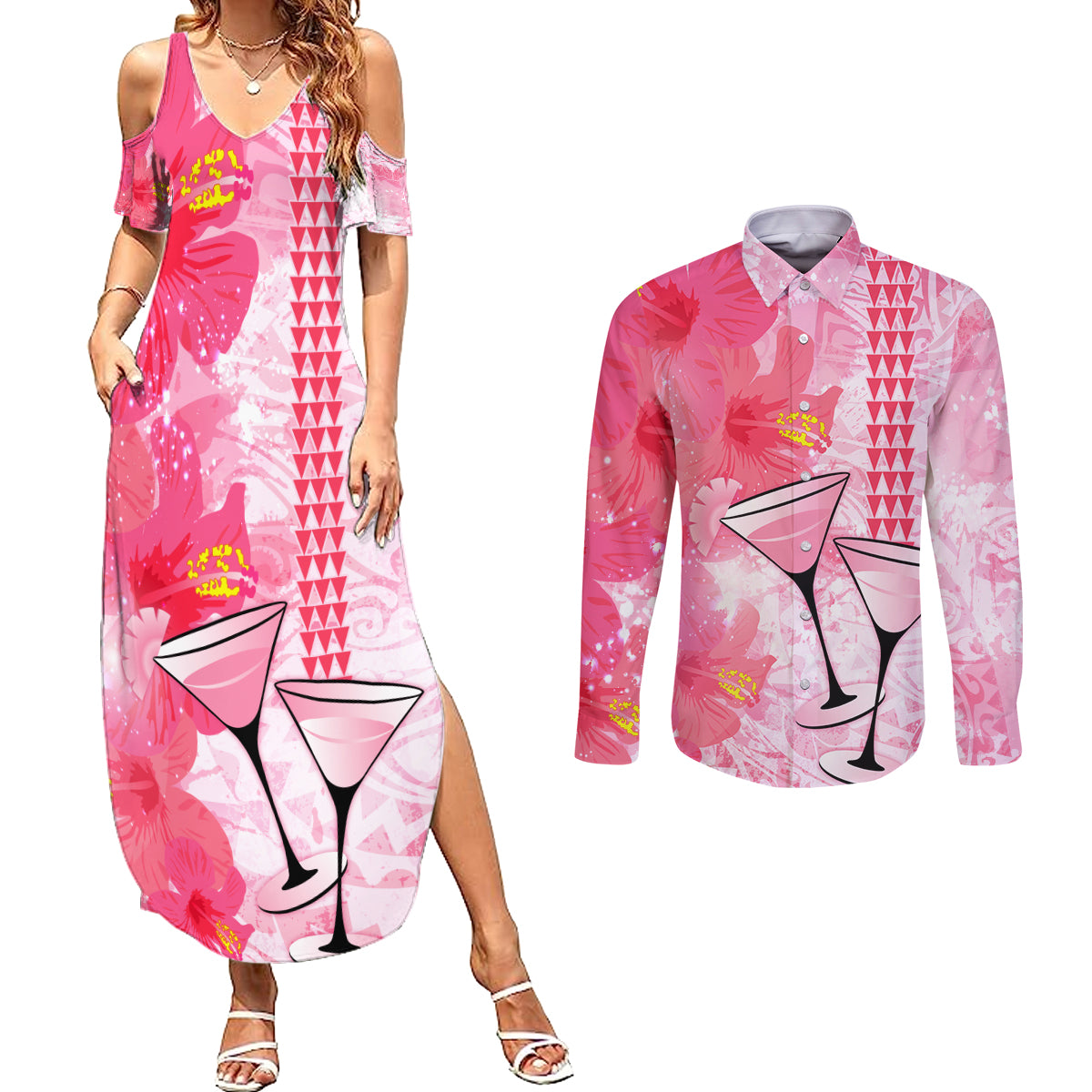 Hawaiian Cocktail Valentine Day Couples Matching Summer Maxi Dress and Long Sleeve Button Shirt Hibiscus Kakau Pattern Pink Version LT03 Pink - Polynesian Pride