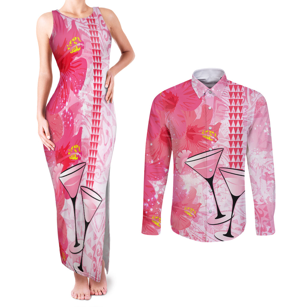 Hawaiian Cocktail Valentine Day Couples Matching Tank Maxi Dress and Long Sleeve Button Shirt Hibiscus Kakau Pattern Pink Version LT03 Pink - Polynesian Pride