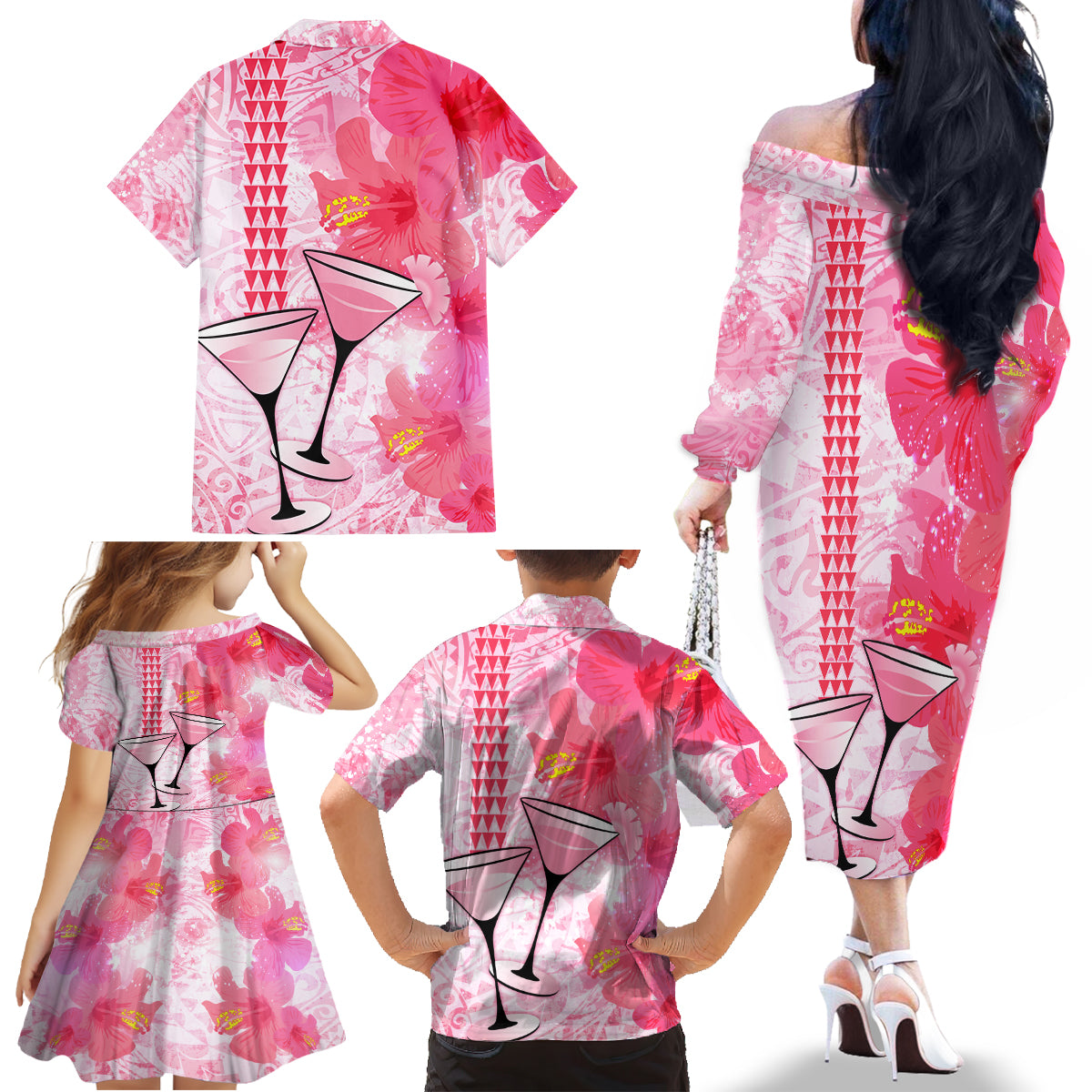 Hawaiian Cocktail Valentine Day Family Matching Off Shoulder Long Sleeve Dress and Hawaiian Shirt Hibiscus Kakau Pattern Pink Version LT03 - Polynesian Pride