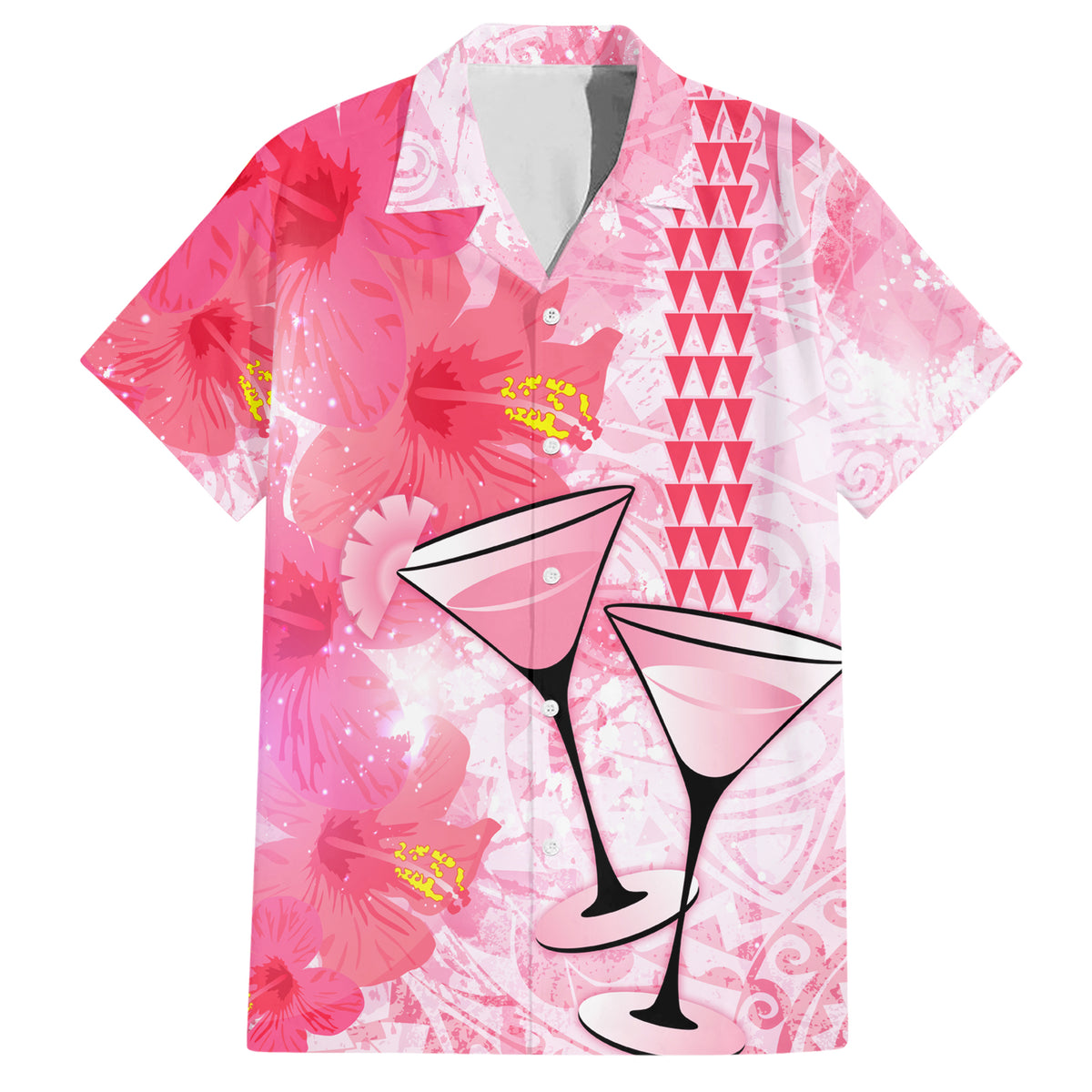 Hawaiian Cocktail Valentine Day Family Matching Short Sleeve Bodycon Dress and Hawaiian Shirt Hibiscus Kakau Pattern Pink Version LT03 Dad's Shirt - Short Sleeve Pink - Polynesian Pride