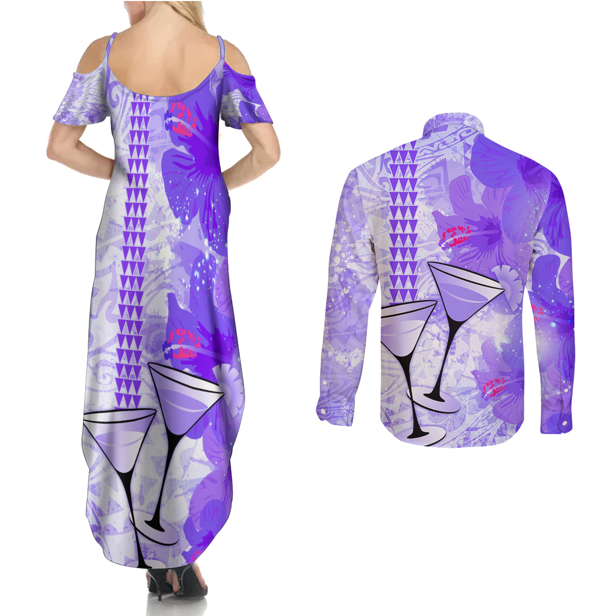 Hawaiian Cocktail Valentine Day Couples Matching Summer Maxi Dress and Long Sleeve Button Shirt Hibiscus Kakau Pattern Purple Version LT03 - Polynesian Pride