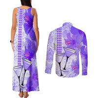 Hawaiian Cocktail Valentine Day Couples Matching Tank Maxi Dress and Long Sleeve Button Shirt Hibiscus Kakau Pattern Purple Version LT03 - Polynesian Pride