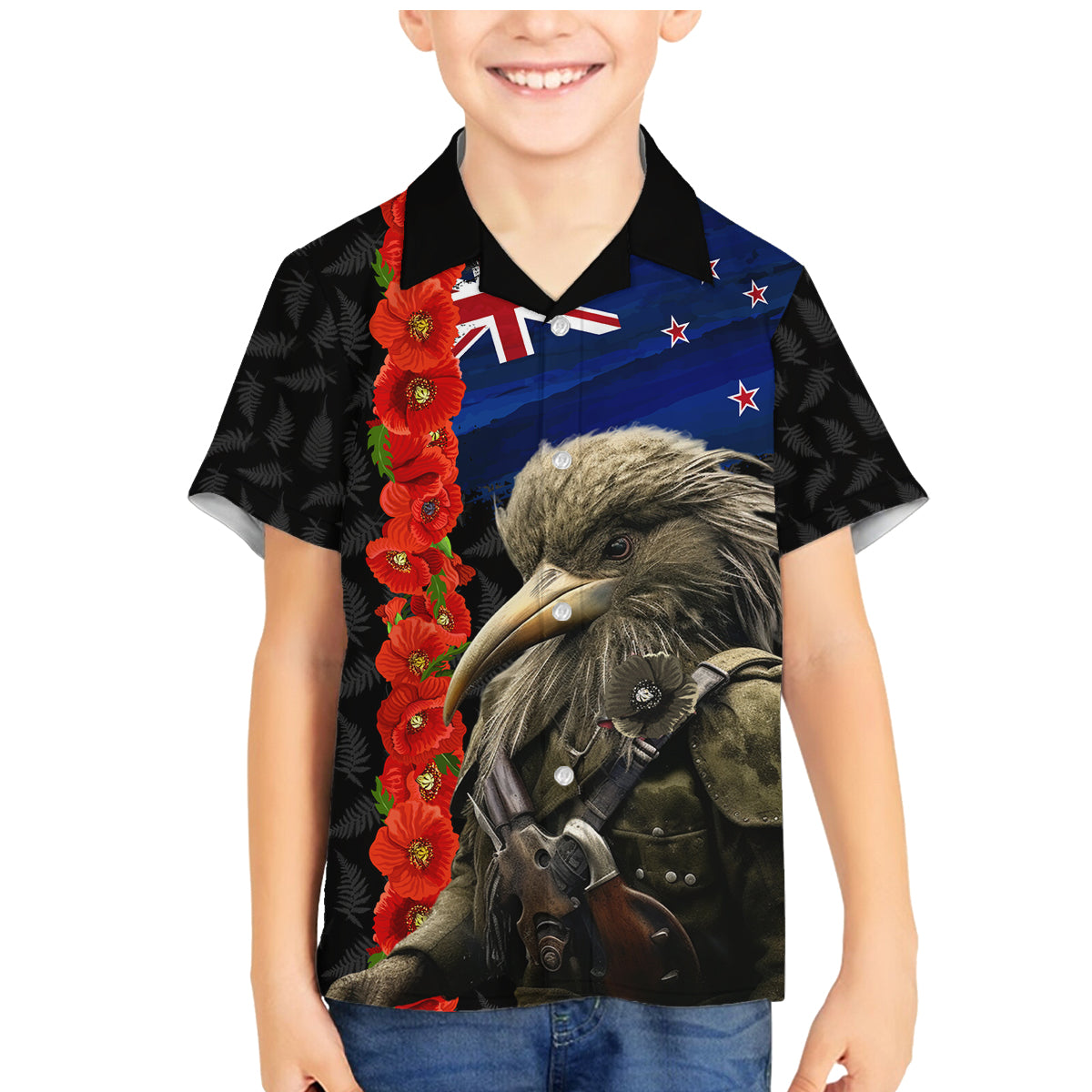 New Zealand Kiwi Soldier ANZAC Family Matching Mermaid Dress and Hawaiian Shirt Red Poppy Flower and Silver Fern Pattern LT03 Son's Shirt Black - Polynesian Pride