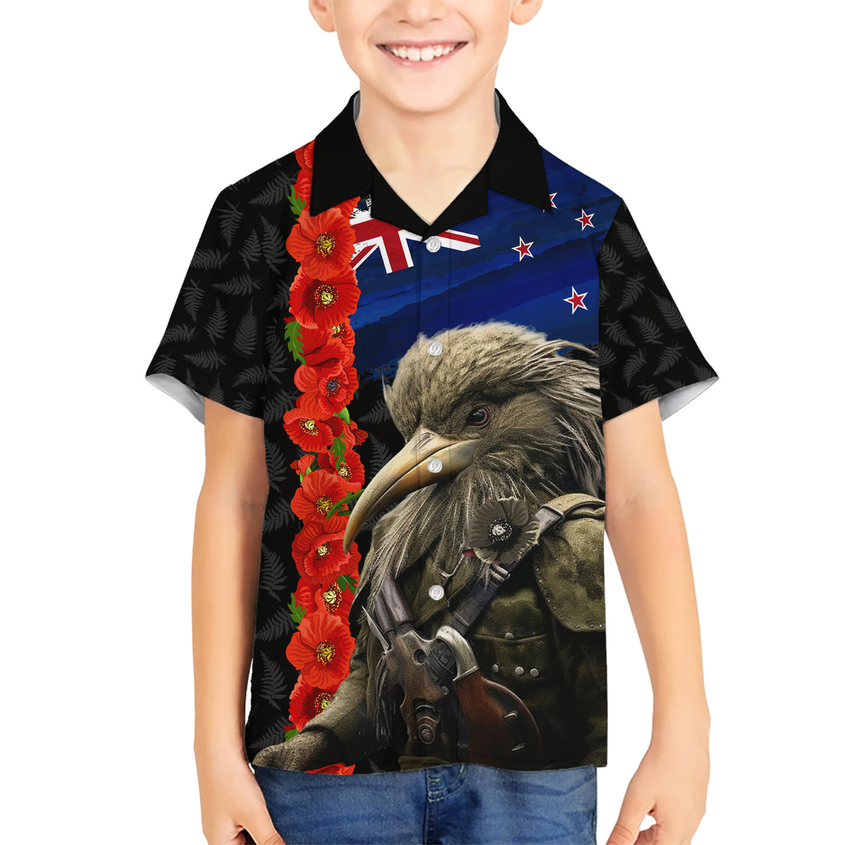 New Zealand Kiwi Soldier ANZAC Family Matching Short Sleeve Bodycon Dress and Hawaiian Shirt Red Poppy Flower and Silver Fern Pattern LT03 Son's Shirt Black - Polynesian Pride