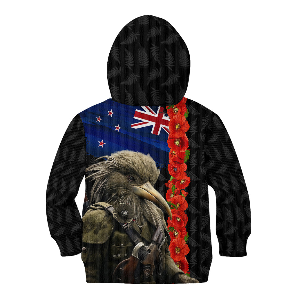 New Zealand Kiwi Soldier ANZAC Kid Hoodie Red Poppy Flower and Silver Fern Pattern LT03 - Polynesian Pride