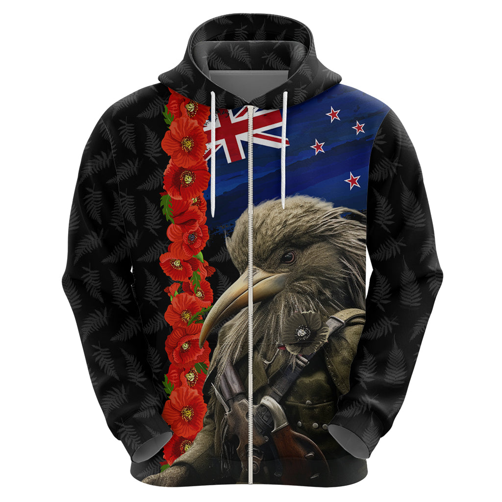 New Zealand Kiwi Soldier ANZAC Zip Hoodie Red Poppy Flower and Silver Fern Pattern LT03 - Polynesian Pride