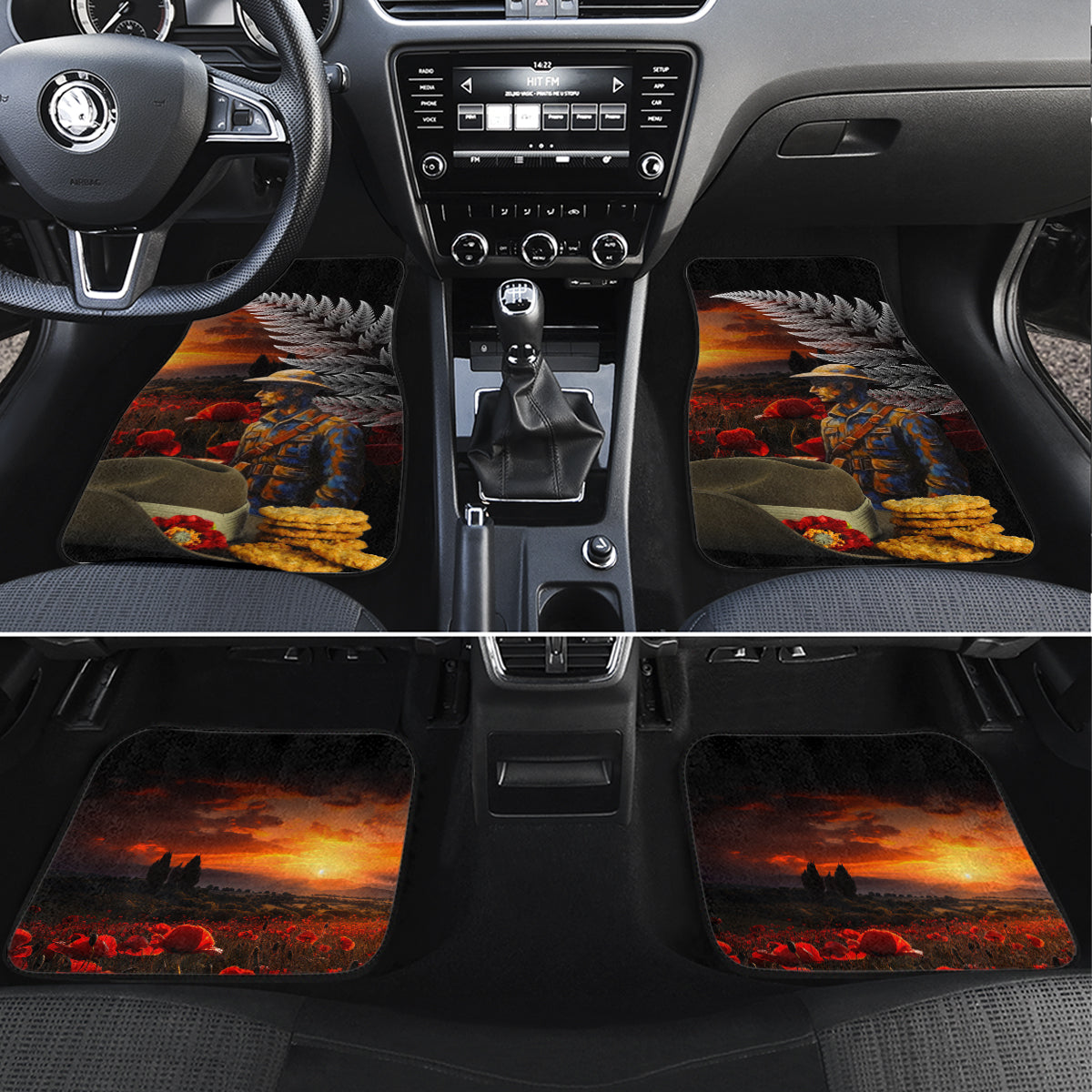 Slouch Hat and Biscuits ANZAC Car Mats with Soldier Silver Fern LT03 Set 4pcs Black - Polynesian Pride