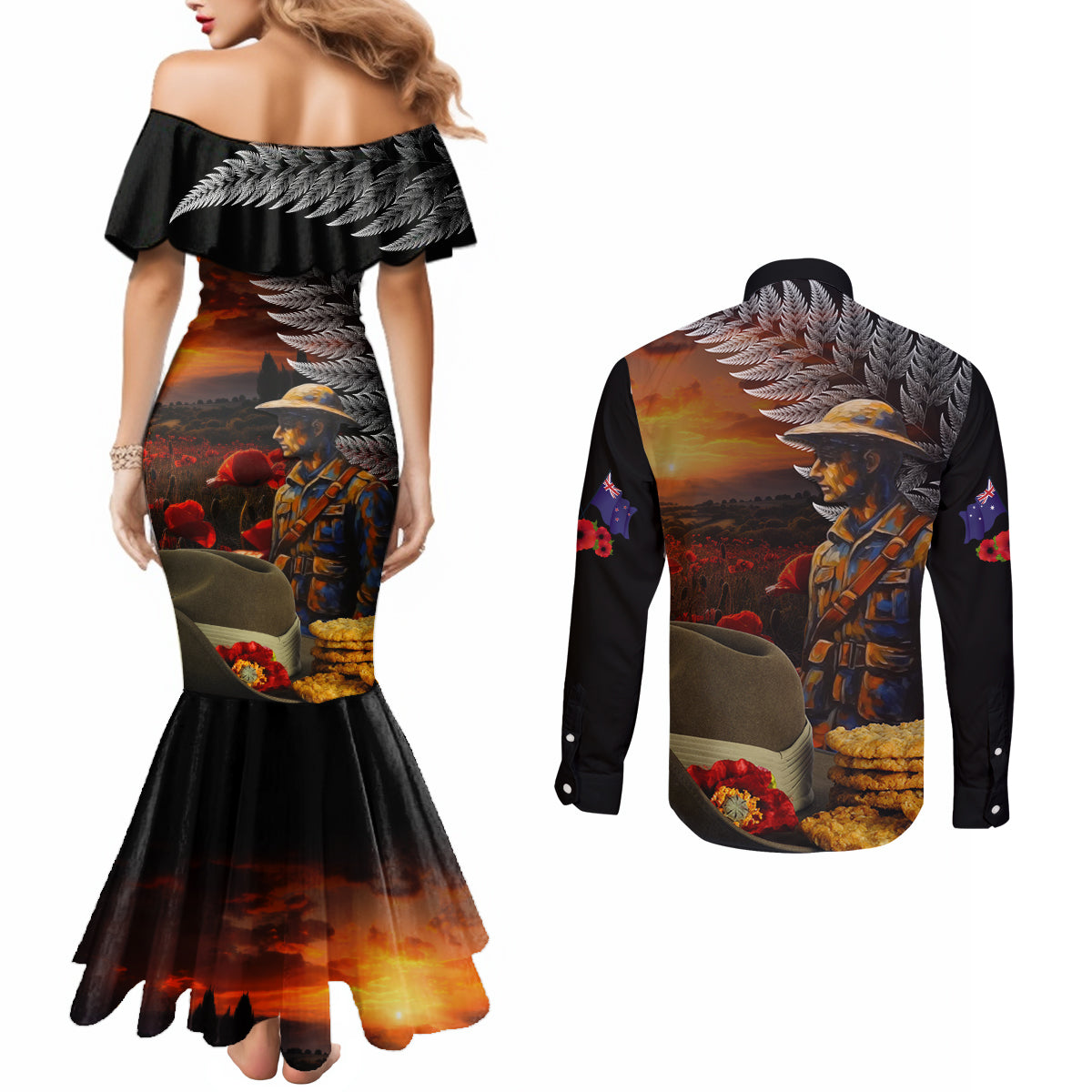 Slouch Hat and Biscuits ANZAC Couples Matching Mermaid Dress and Long Sleeve Button Shirt with Soldier Silver Fern LT03 - Polynesian Pride
