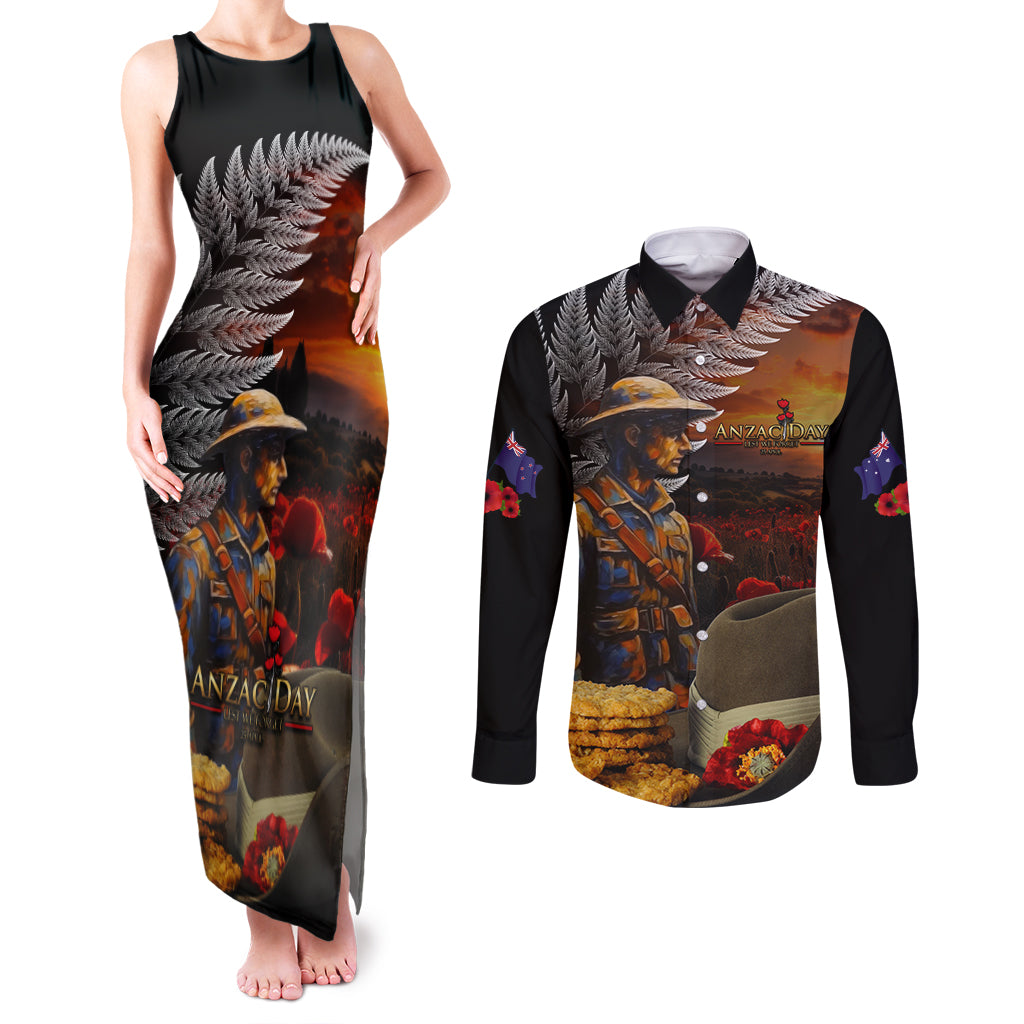 Slouch Hat and Biscuits ANZAC Couples Matching Tank Maxi Dress and Long Sleeve Button Shirt with Soldier Silver Fern LT03 Black - Polynesian Pride