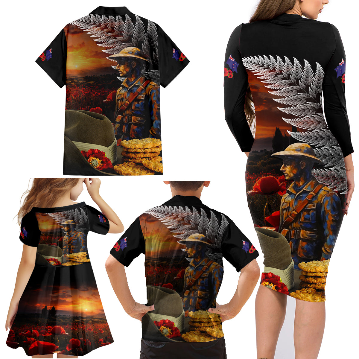 Slouch Hat and Biscuits ANZAC Family Matching Long Sleeve Bodycon Dress and Hawaiian Shirt with Soldier Silver Fern LT03 - Polynesian Pride