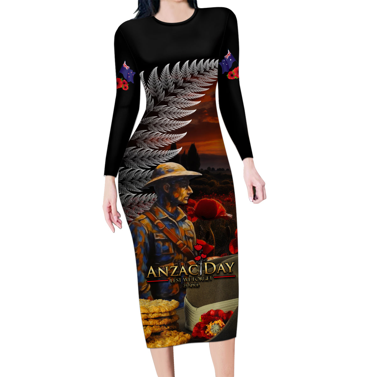 Slouch Hat and Biscuits ANZAC Family Matching Long Sleeve Bodycon Dress and Hawaiian Shirt with Soldier Silver Fern LT03 Mom's Dress Black - Polynesian Pride