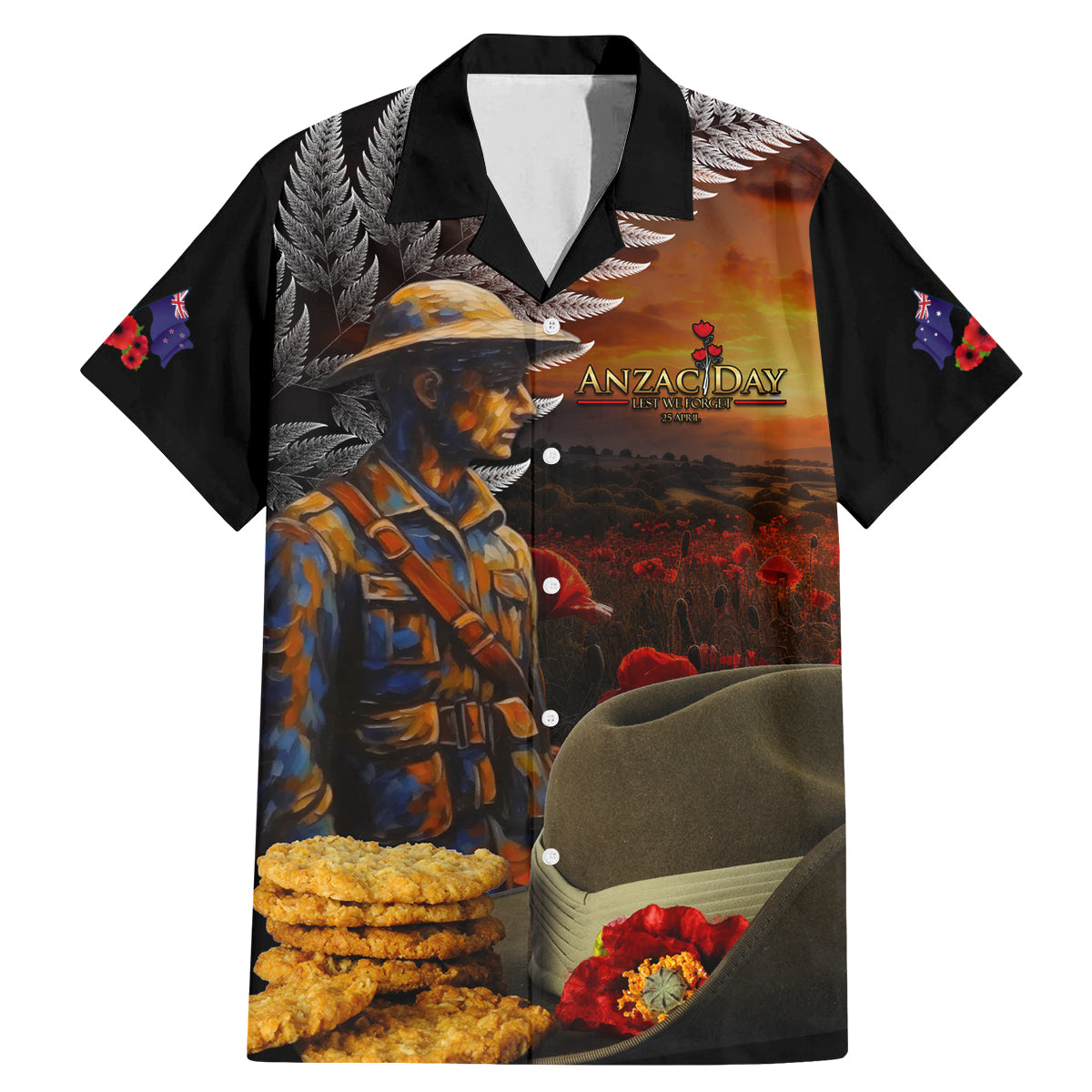 Slouch Hat and Biscuits ANZAC Family Matching Mermaid Dress and Hawaiian Shirt with Soldier Silver Fern LT03 Dad's Shirt - Short Sleeve Black - Polynesian Pride