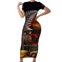 Slouch Hat and Biscuits ANZAC Family Matching Short Sleeve Bodycon Dress and Hawaiian Shirt with Soldier Silver Fern LT03 Mom's Dress Black - Polynesian Pride