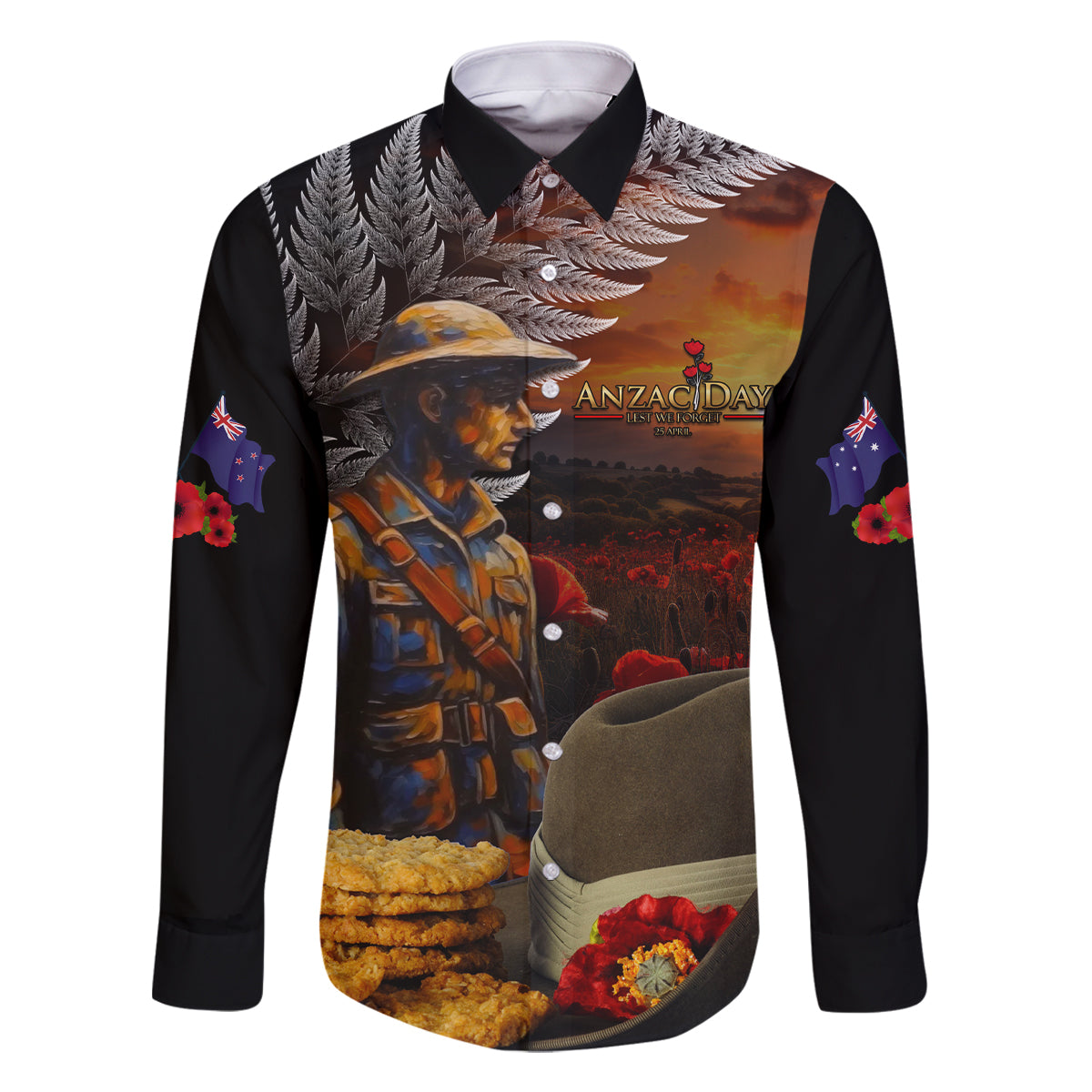Slouch Hat and Biscuits ANZAC Family Matching Summer Maxi Dress and Hawaiian Shirt with Soldier Silver Fern LT03 Dad's Shirt - Long Sleeve Black - Polynesian Pride
