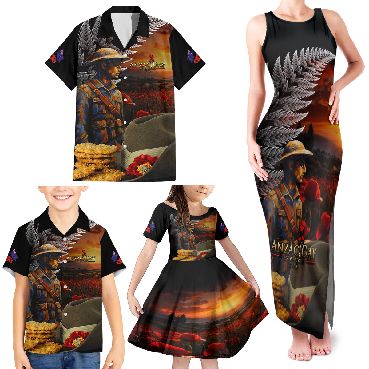 Slouch Hat and Biscuits ANZAC Family Matching Tank Maxi Dress and Hawaiian Shirt with Soldier Silver Fern LT03 - Polynesian Pride