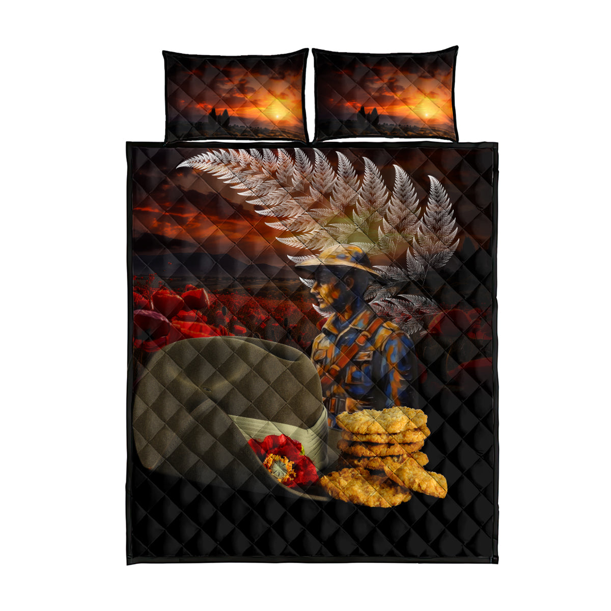Slouch Hat and Biscuits ANZAC Quilt Bed Set with Soldier Silver Fern LT03 - Polynesian Pride