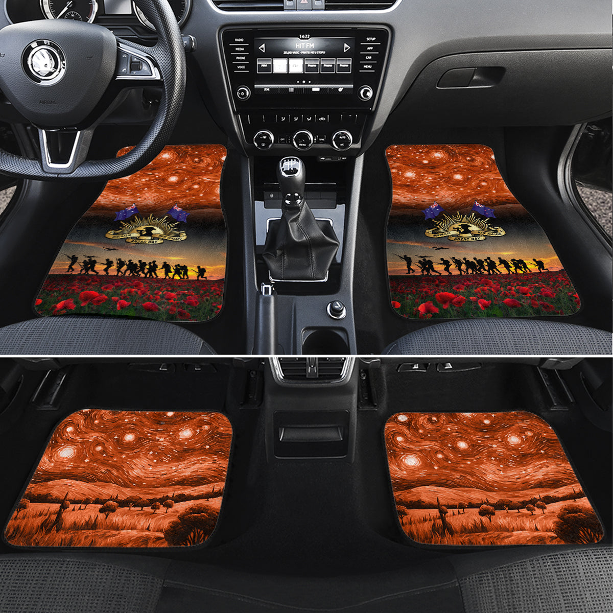 The Rising Sun Badge ANZAC Car Mats Last Post Field of Poppy Starry Night Style LT03 Set 4pcs Black - Polynesian Pride