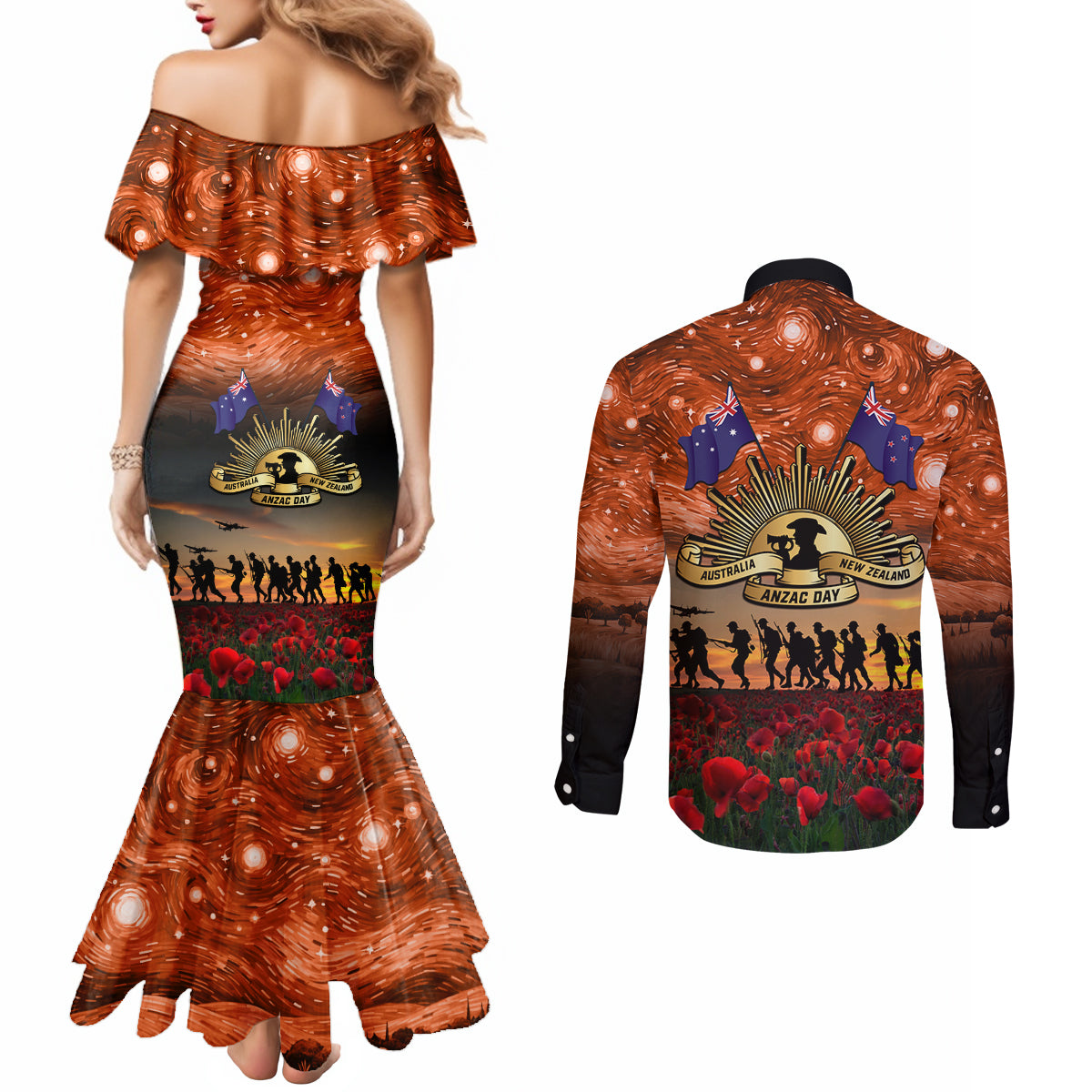 The Rising Sun Badge ANZAC Couples Matching Mermaid Dress and Long Sleeve Button Shirt Last Post Field of Poppy Starry Night Style LT03 - Polynesian Pride
