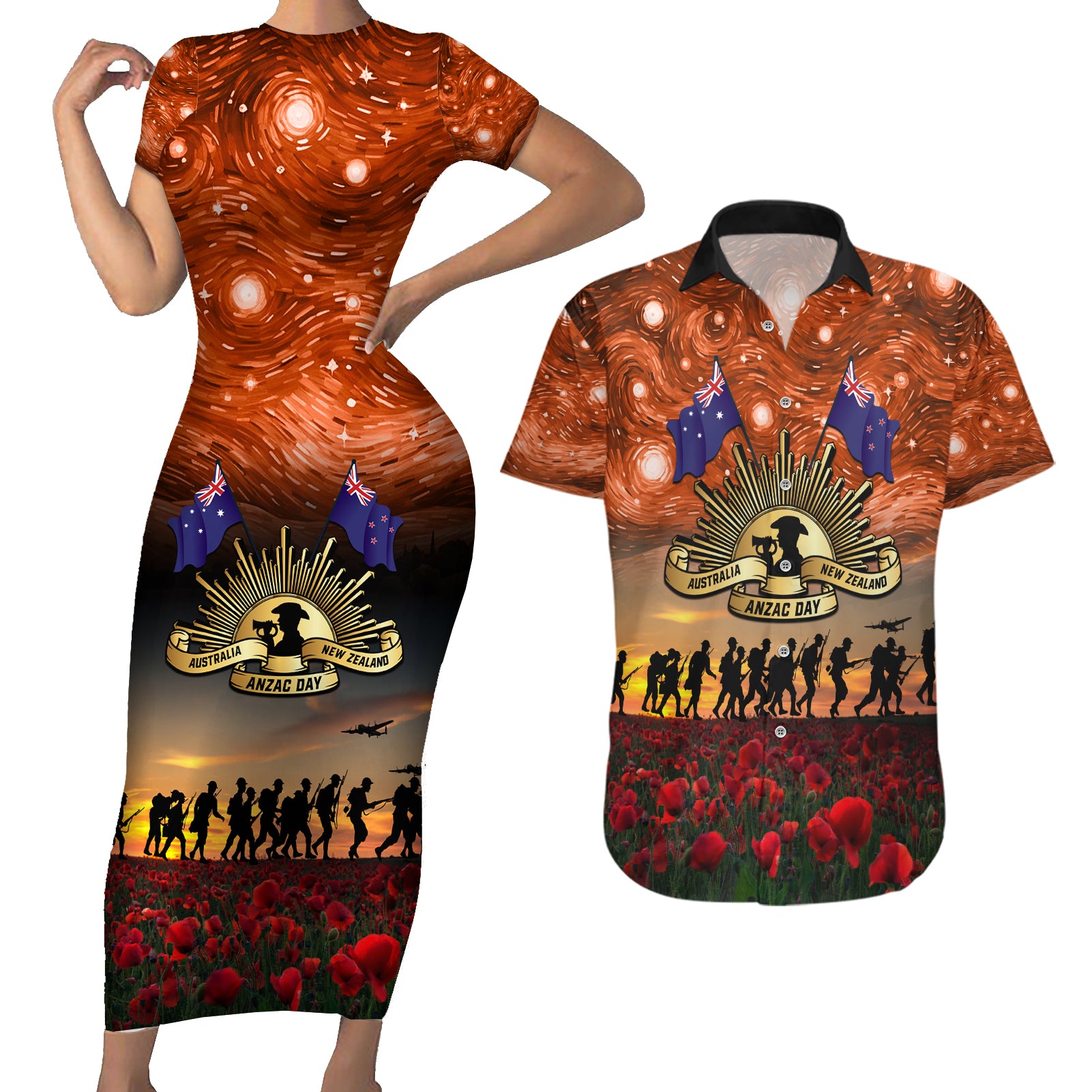 The Rising Sun Badge ANZAC Couples Matching Short Sleeve Bodycon Dress and Hawaiian Shirt Last Post Field of Poppy Starry Night Style LT03 Black - Polynesian Pride