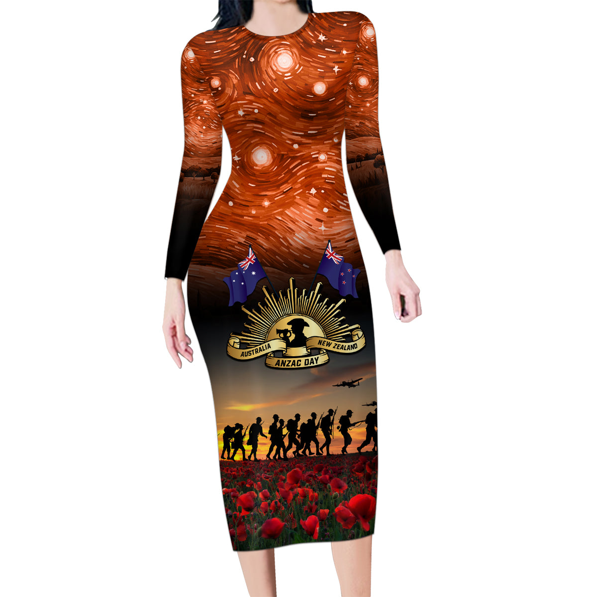 The Rising Sun Badge ANZAC Family Matching Long Sleeve Bodycon Dress and Hawaiian Shirt Last Post Field of Poppy Starry Night Style LT03 Mom's Dress Black - Polynesian Pride