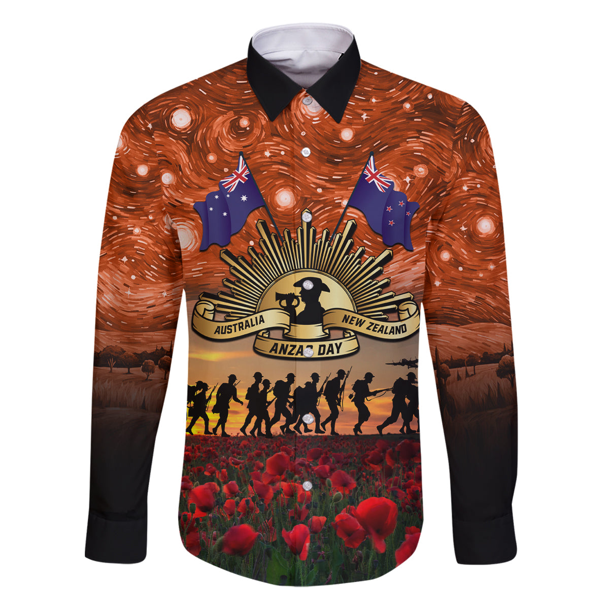 The Rising Sun Badge ANZAC Family Matching Off Shoulder Maxi Dress and Hawaiian Shirt Last Post Field of Poppy Starry Night Style LT03 Dad's Shirt - Long Sleeve Black - Polynesian Pride