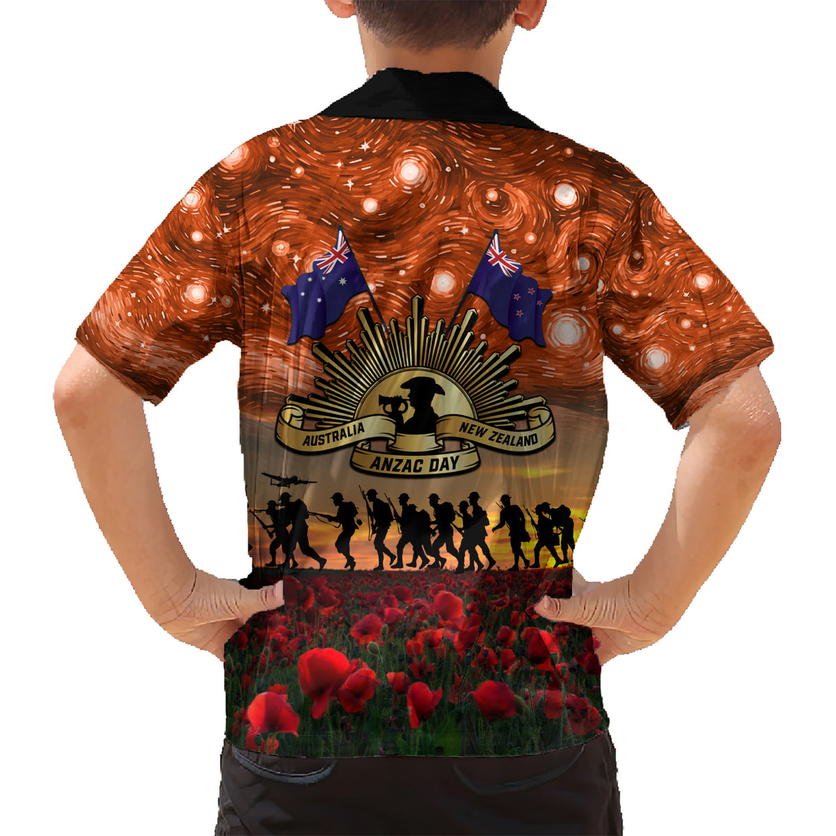 The Rising Sun Badge ANZAC Kid Hawaiian Shirt Last Post Field of Poppy Starry Night Style LT03 - Polynesian Pride