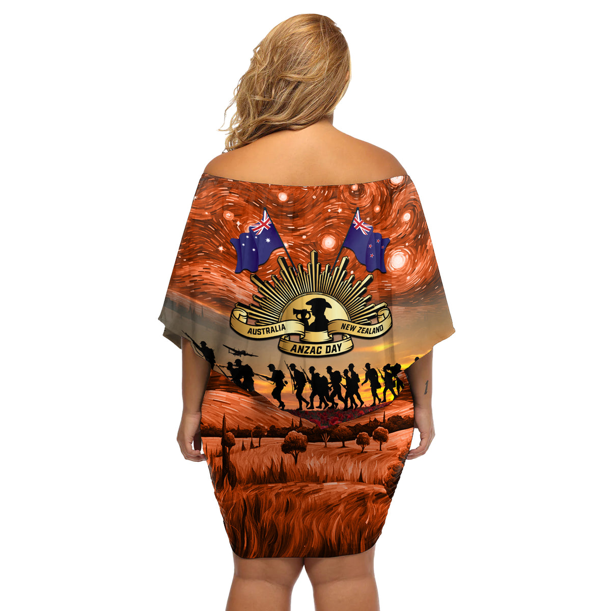 The Rising Sun Badge ANZAC Off Shoulder Short Dress Last Post Field of Poppy Starry Night Style LT03 - Polynesian Pride