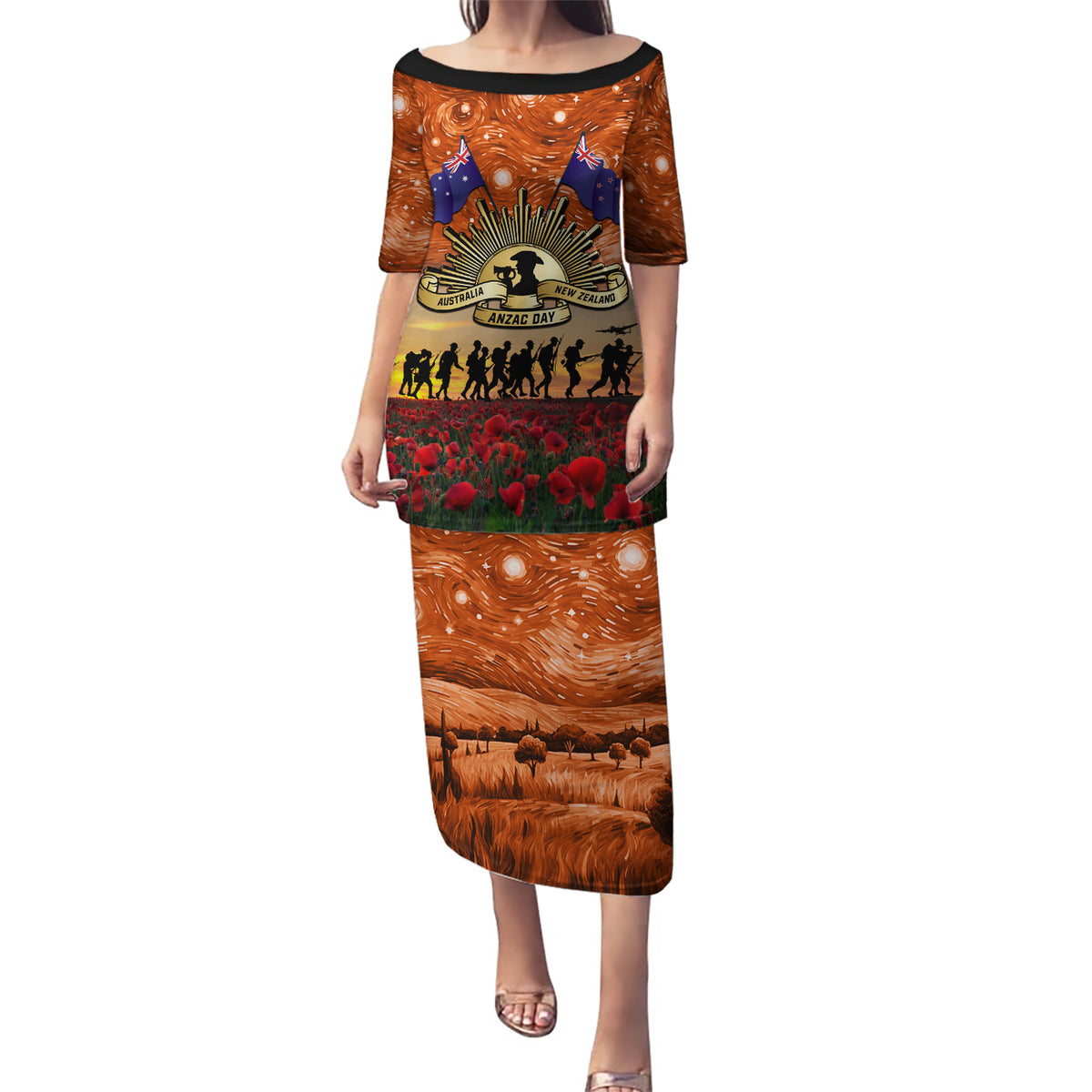 The Rising Sun Badge ANZAC Puletasi Last Post Field of Poppy Starry Night Style LT03 Long Dress Black - Polynesian Pride