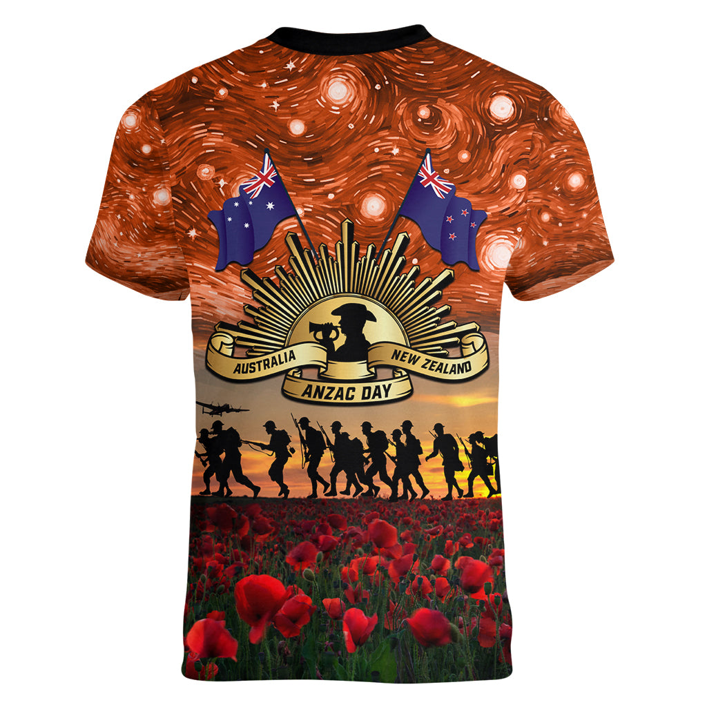 The Rising Sun Badge ANZAC Women V Neck T Shirt Last Post Field of Poppy Starry Night Style LT03 - Polynesian Pride