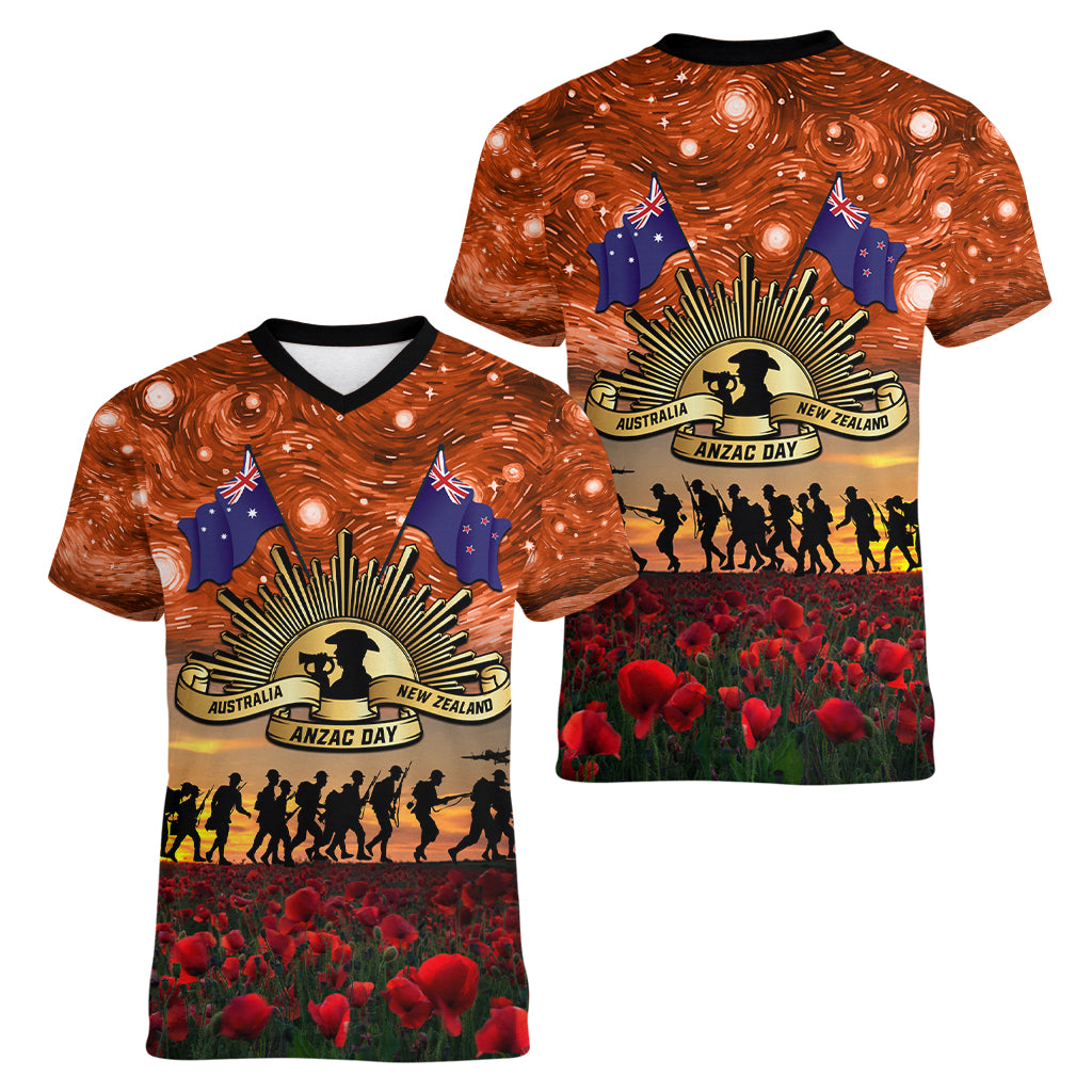 The Rising Sun Badge ANZAC Women V Neck T Shirt Last Post Field of Poppy Starry Night Style LT03 - Polynesian Pride