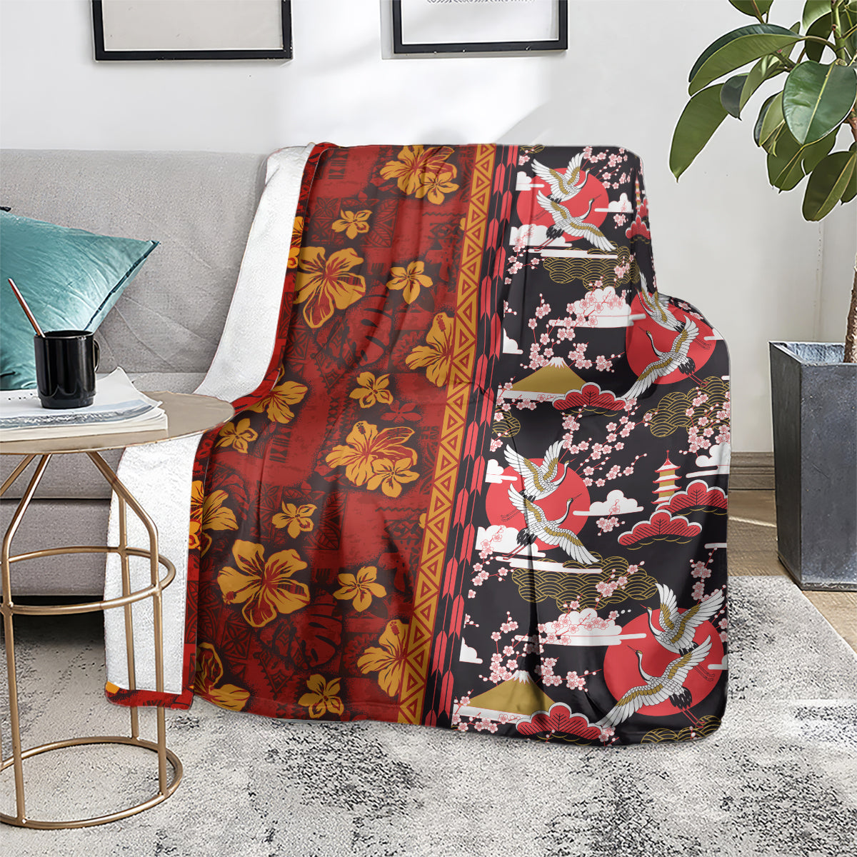 Pan-Pacific Festival Blanket Hawaiian Tribal and Japanese Pattern Together Culture