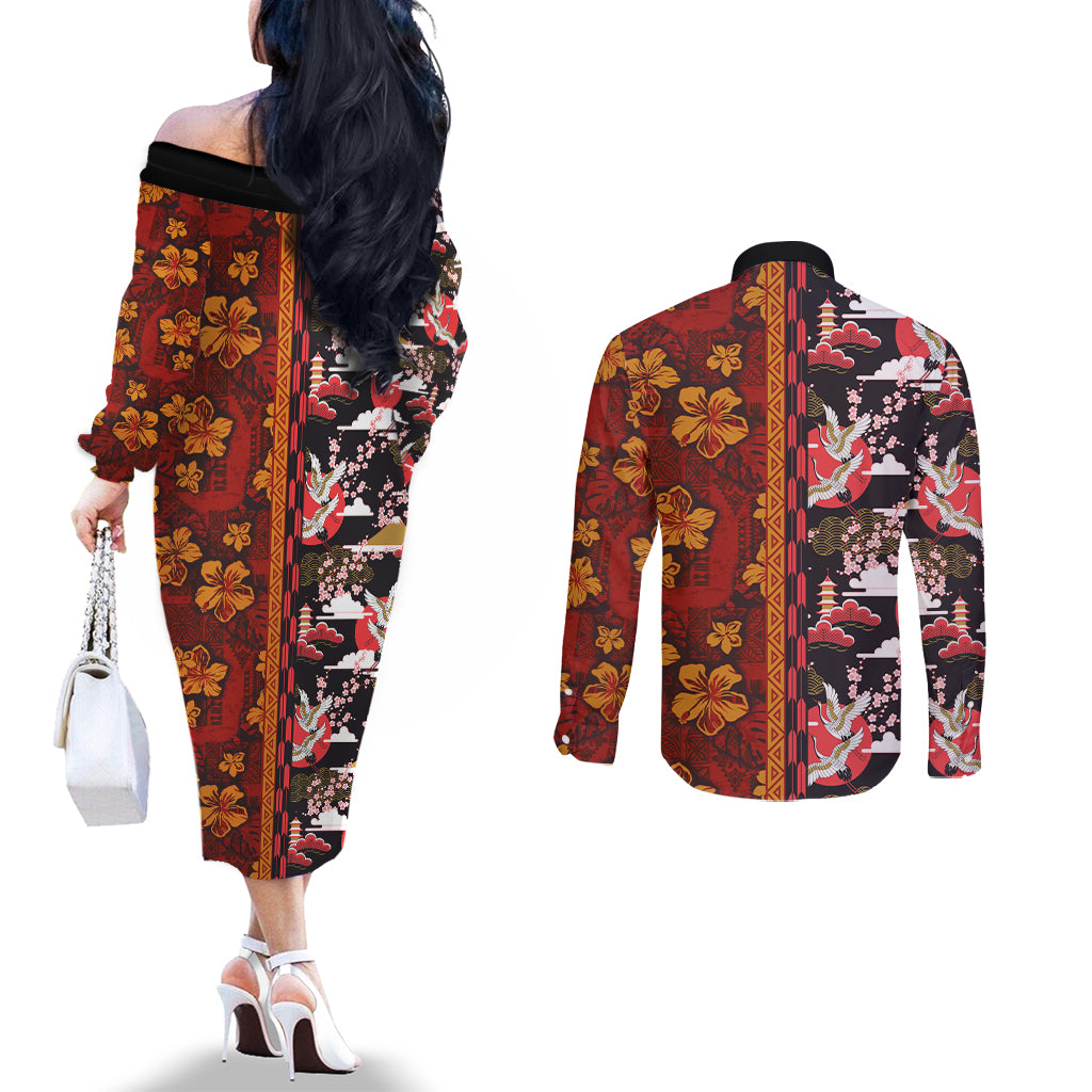Japanese Culture Hawaii Style Couples Matching Off The Shoulder Long Sleeve Dress and Long Sleeve Button Shirt Hawaiian Tribal and Japanese Pattern Together Culture LT03 - Polynesian Pride