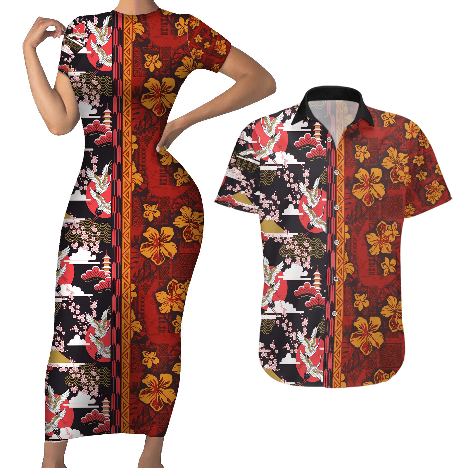 Pan-Pacific Festival Couples Matching Short Sleeve Bodycon Dress and Hawaiian Shirt Hawaiian Tribal and Japanese Pattern Together Culture