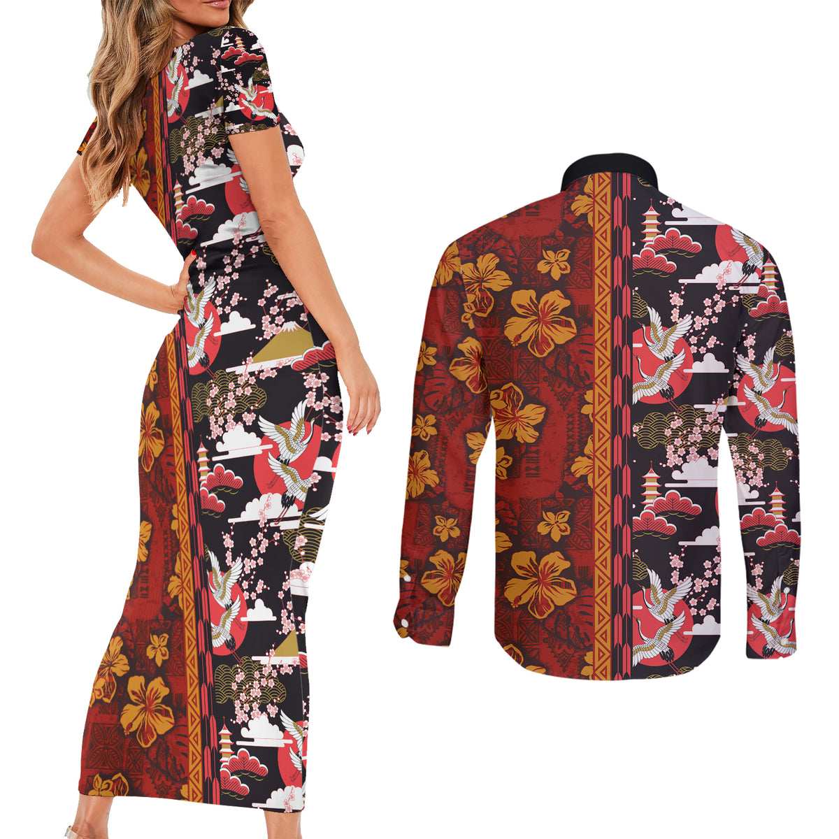 Japanese Culture Hawaii Style Couples Matching Short Sleeve Bodycon Dress and Long Sleeve Button Shirt Hawaiian Tribal and Japanese Pattern Together Culture LT03 - Polynesian Pride