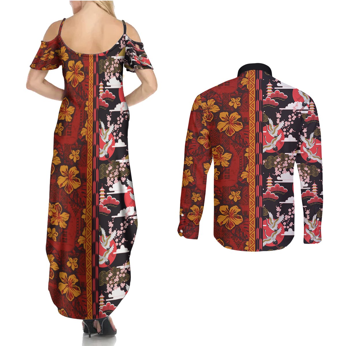 Pan-Pacific Festival Couples Matching Summer Maxi Dress and Long Sleeve Button Shirt Hawaiian Tribal and Japanese Pattern Together Culture