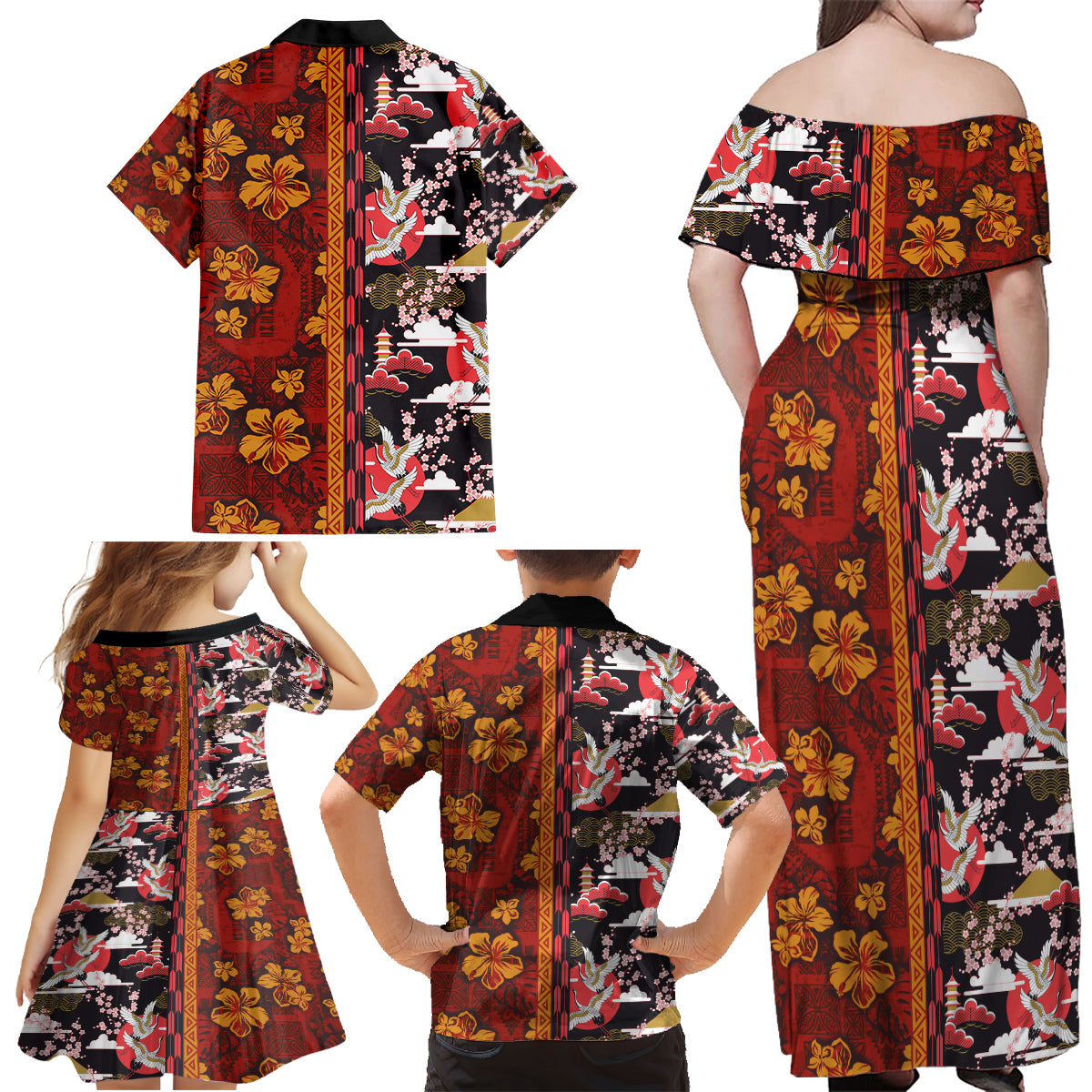 Pan-Pacific Festival Family Matching Off Shoulder Maxi Dress and Hawaiian Shirt Hawaiian Tribal and Japanese Pattern Together Culture