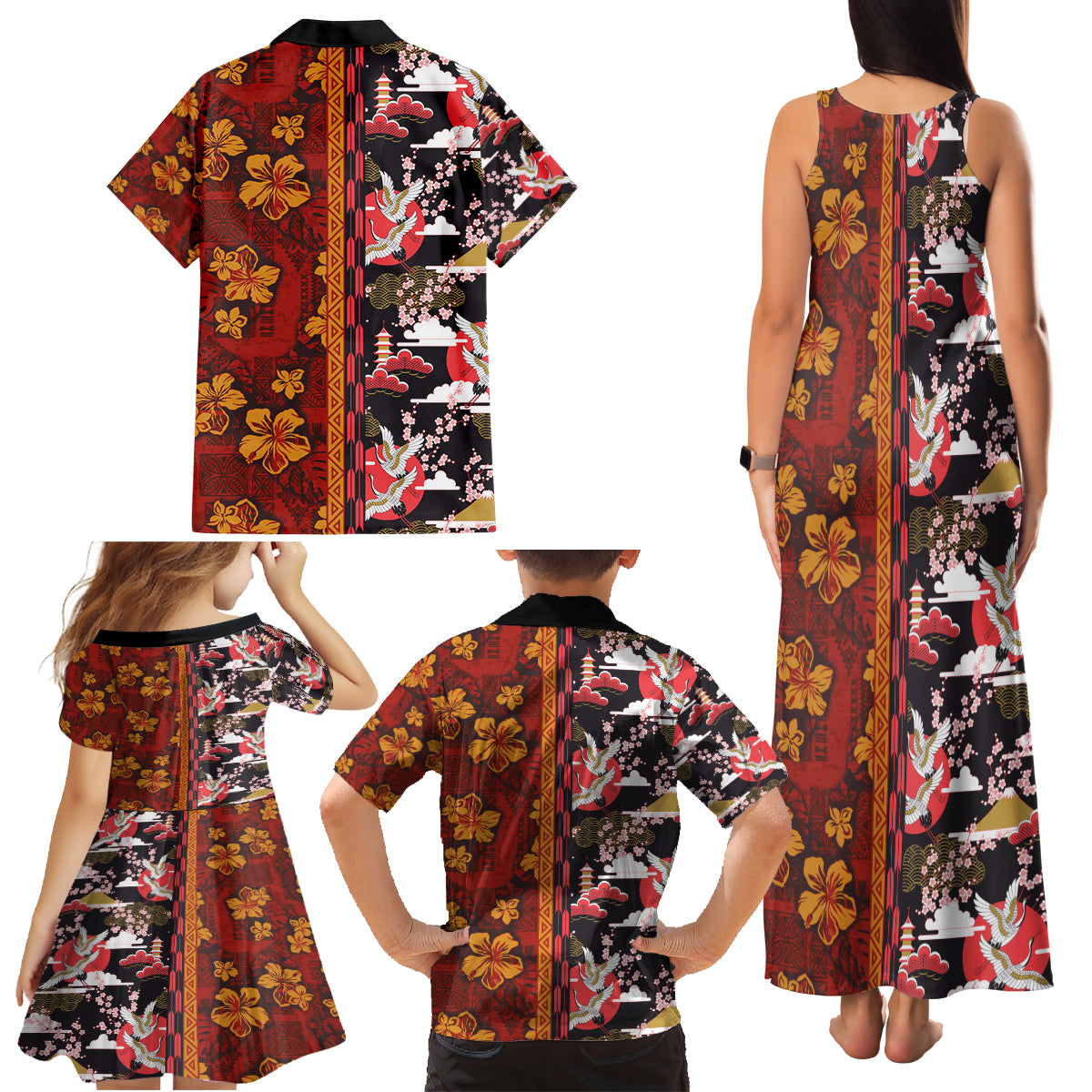 Pan-Pacific Festival Family Matching Tank Maxi Dress and Hawaiian Shirt Hawaiian Tribal and Japanese Pattern Together Culture
