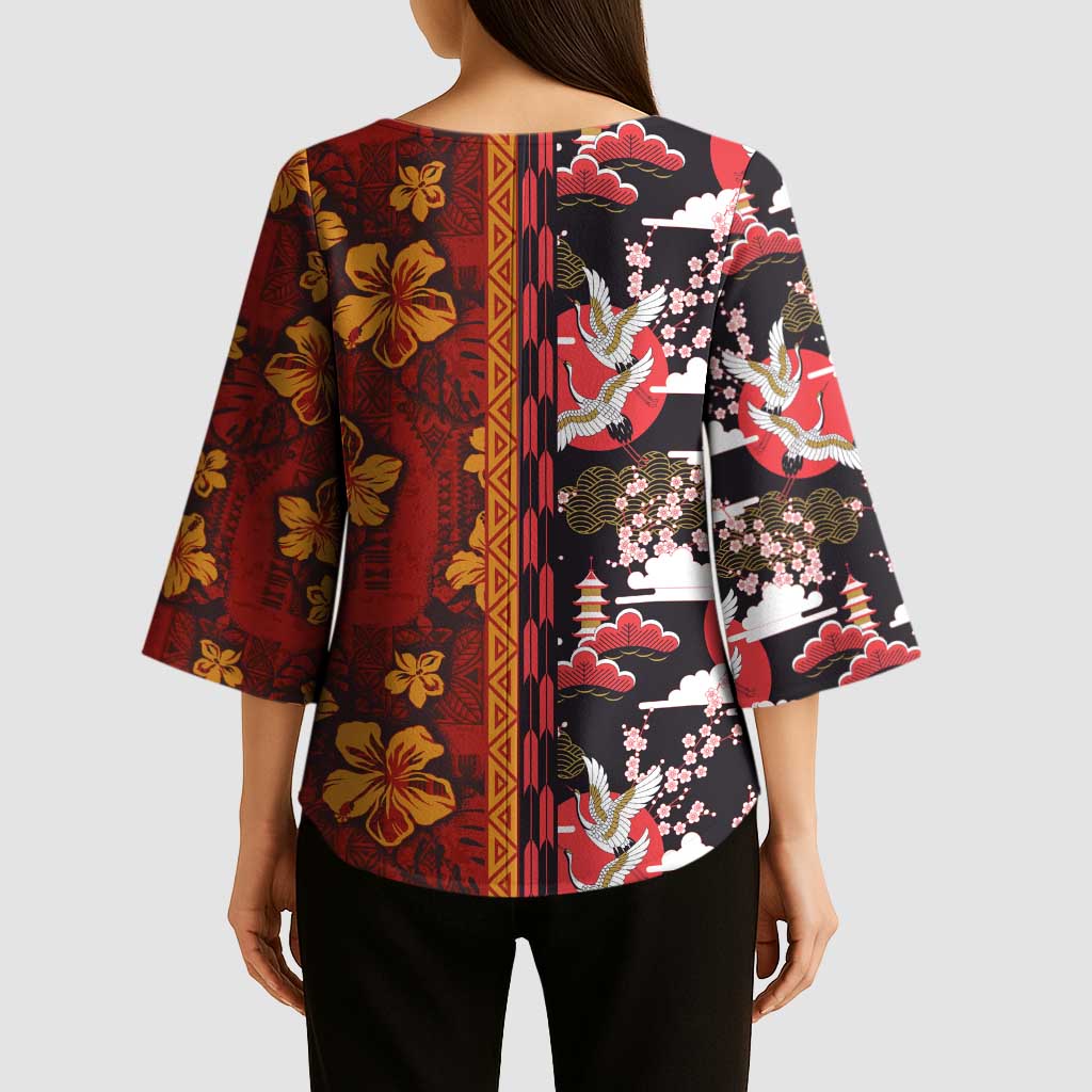 Japanese Culture Hawaii Style Kimono Sleeve Blouse Hawaiian Tribal and Japanese Pattern Together Culture - Polynesian Pride
