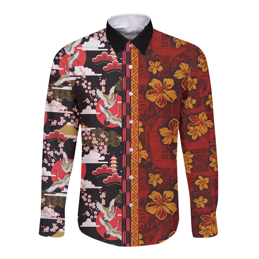 Pan-Pacific Festival Long Sleeve Button Shirt Hawaiian Tribal and Japanese Pattern Together Culture